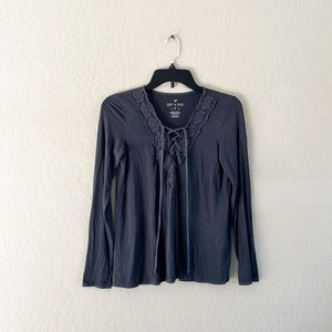 American Eagle‎ Gray Lace up Neckline Knit Top